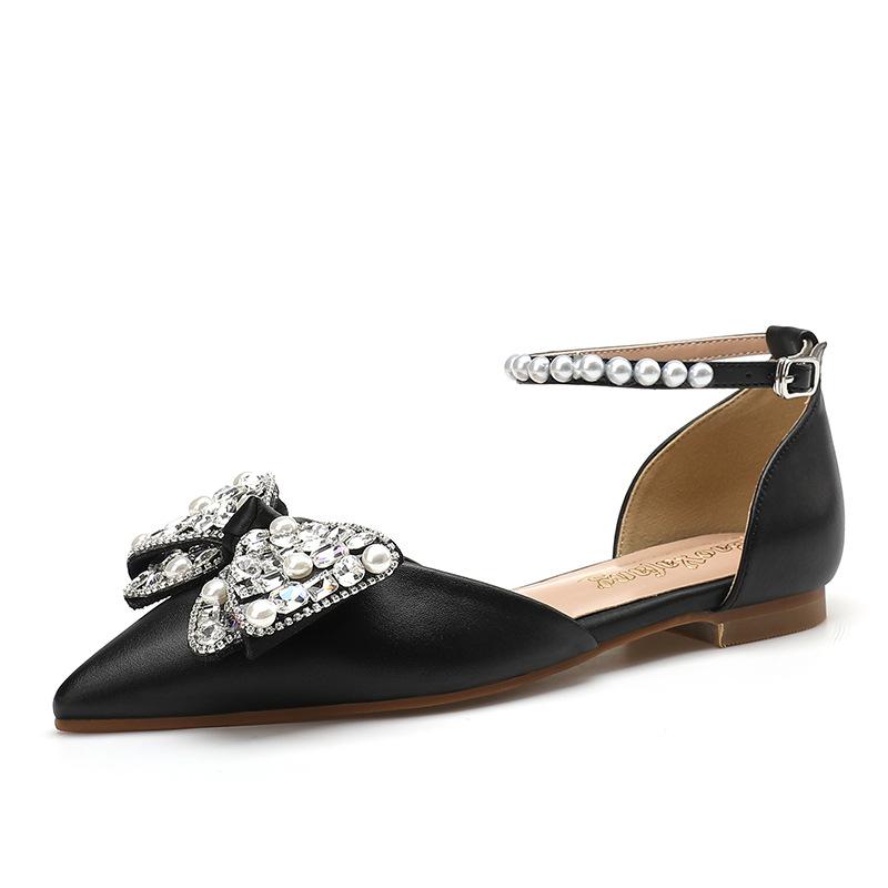 

New pointed rhinestone pearl buckle hollow word with flat bottom pointed pearl women s shoes handmade bow wedding shoes batch 43 чёрный
