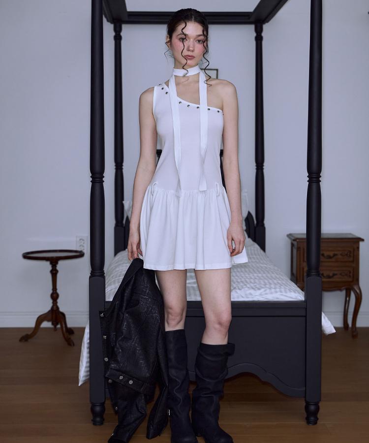ROSEFRANTZ Studded Unbalance Mini Dress [Ivory]
