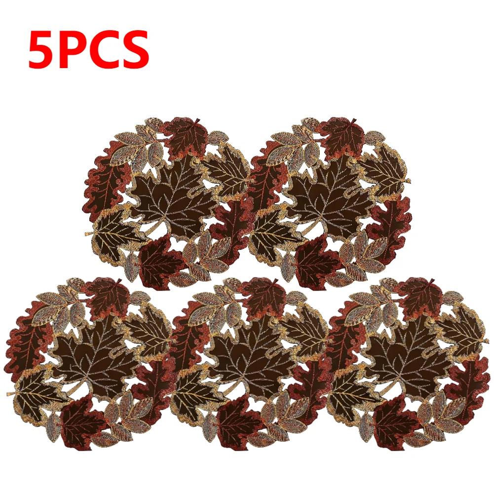 1-5pcs Embroidered Thanksgiving Placemat W/ Lace Maple Leaf Pattern Table Mat Round Fall Table Mat for Home Party Decor 35x35cm