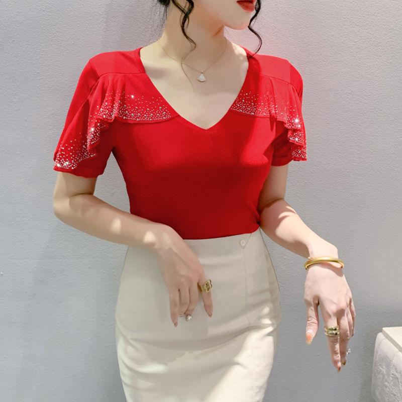 New Summer Streetwear Girl Chic Ruffled Hot Diamonds T-Shirt Fashion V-Neck Short Sleeve Mesh Tops Women's Tees Clothes Blouse