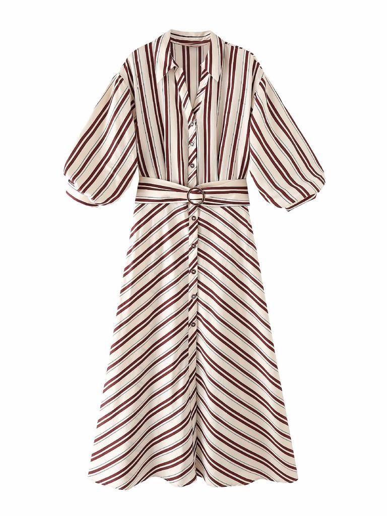 European & American Style Women's V-Neck Striped Midi Dress with Belt, Spring 2026 New Arrivals.