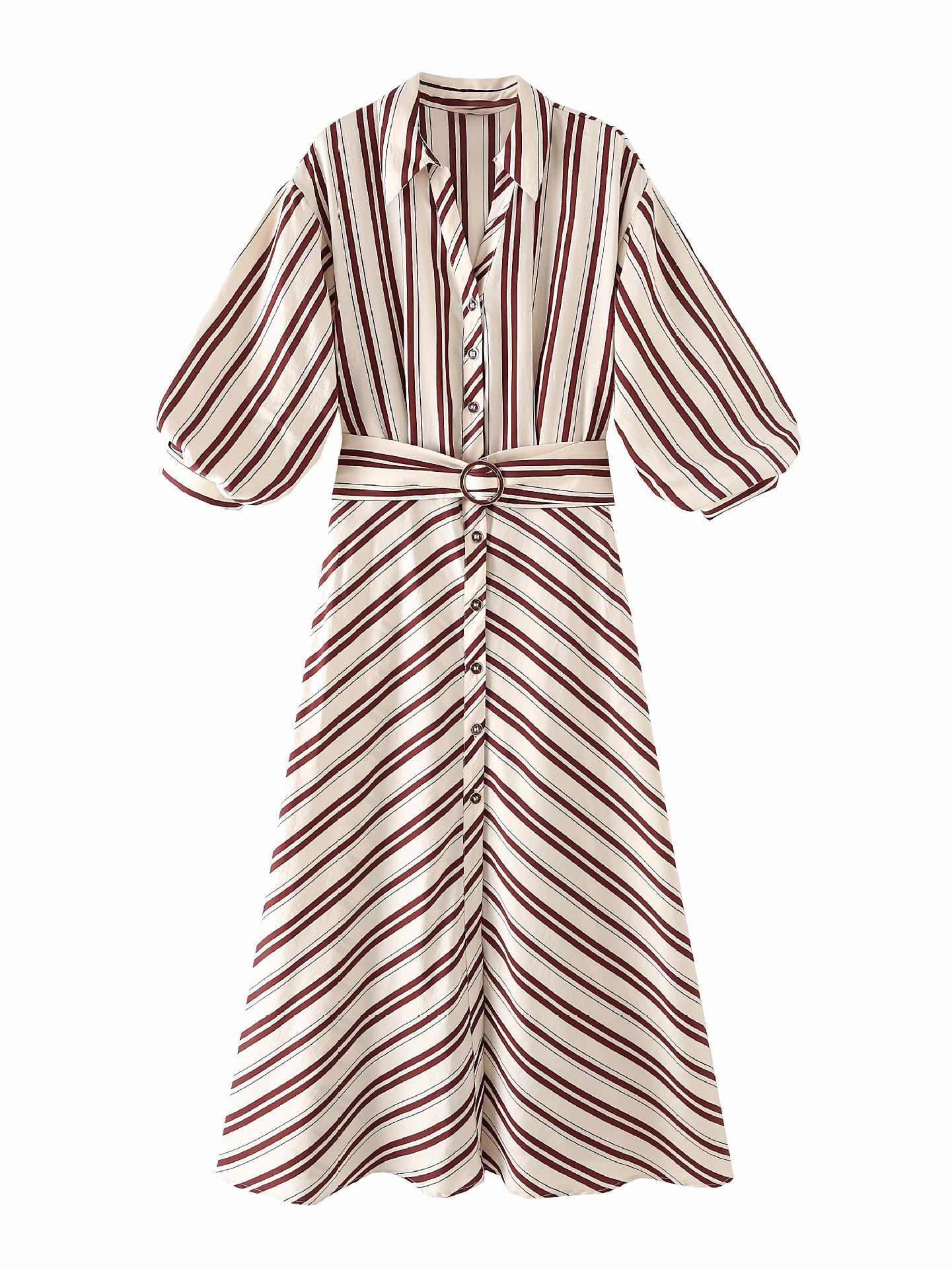 European & American Style Women s V-Neck Striped Midi Dress with Belt, Spring 2026 New Arrivals. Extra Small