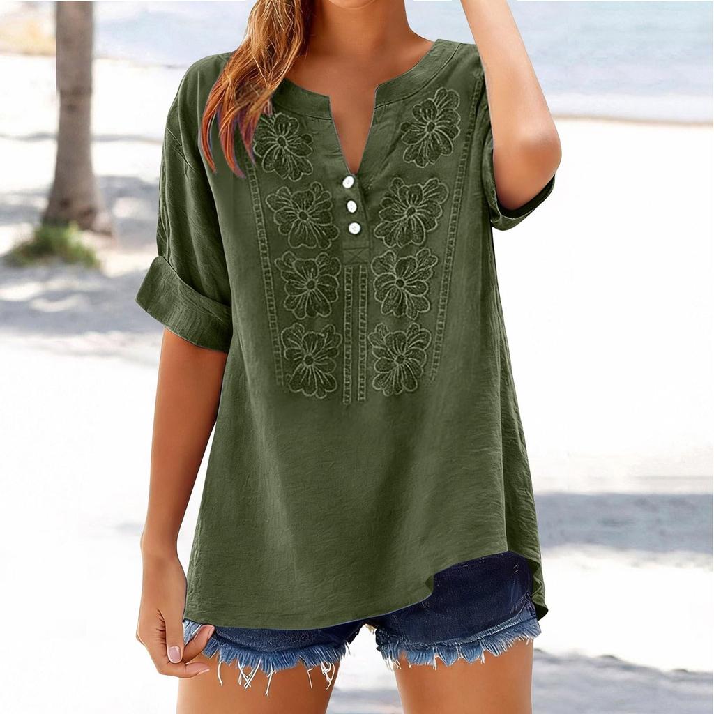 Women's Fashionable Casual Loose-Fit Embroidered Button-Up V-Neck T-Shirt Top