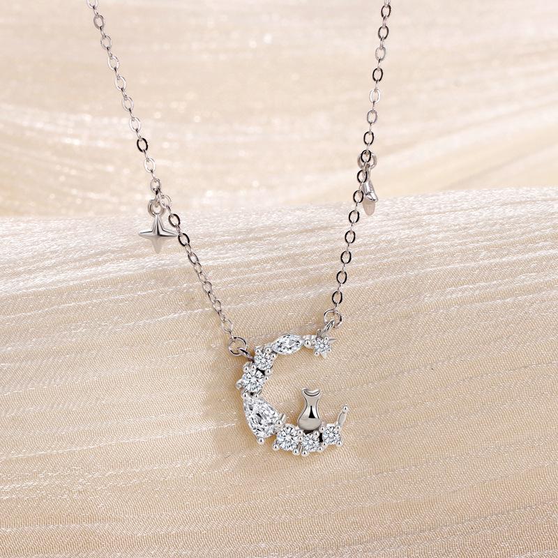 Sterling Silver Moon Cat Necklace: Cute Star and Moon Pendant for Women