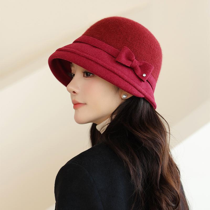New Woolen Top Hat Bucket Hat Women's Retro Bow Fisherman Hat Autumn and Winter Elegant Basin Hat