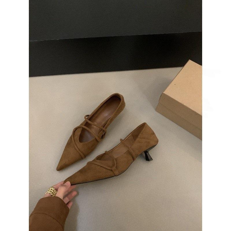 French retro suede pointed toe thin heel Mary Jane single shoes women's 2026 spring new commuter kitten and evening shoes