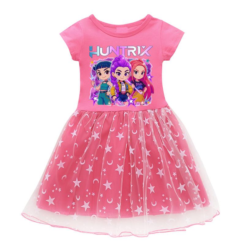 

K-Pop Demon Hunters Cartoon Girls Dress Short Sleeve T-Shirt Top Star Moon Tulle Skirt Kids Summer Casual Princess Children Clothing for Girls Gift 150 червоний