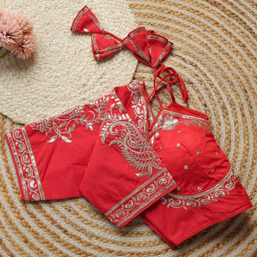 Beautiful Embroidery Red Silk Choli Indian Women's Readymade Half Sleeves Blouse