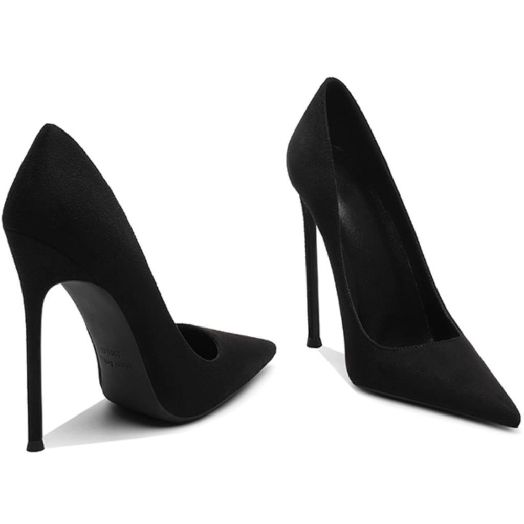 Suede pointed super high heels women's thin heels light mouth sexy spring and autumn 2025 new fashionable sexy black sole single shoes