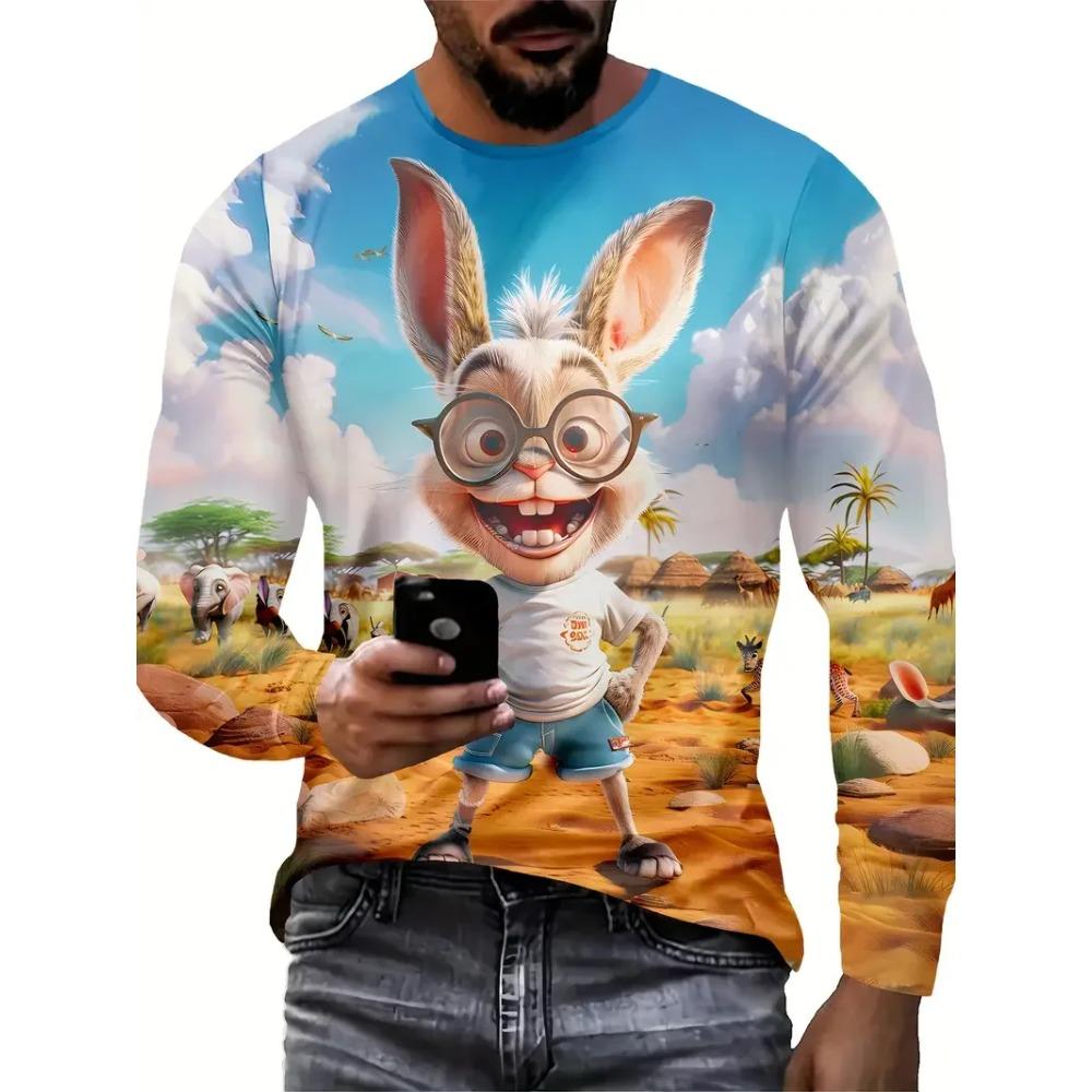 Cartoon Vibrant Rabbit Long Sleeve T-shirt Funny Animal Theme 3D Print T-shirt Man Casual Crew Neck T-shirt