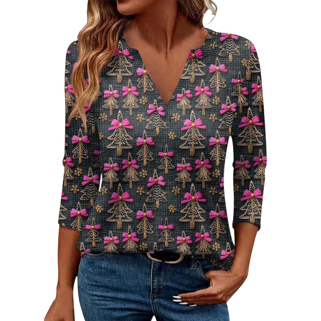 Women's Casual Fashionable Sexy Comfortable V-Neck Christmas Three-Quarter Sleeve Top