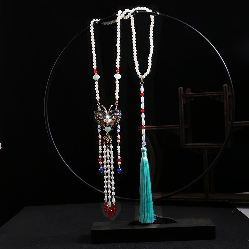 Hanfu Tassels Necklace Long Chain Vintage Chinese Necklace Tang Ming Dynasty Hanfu Pendant Necklace For Women Girl