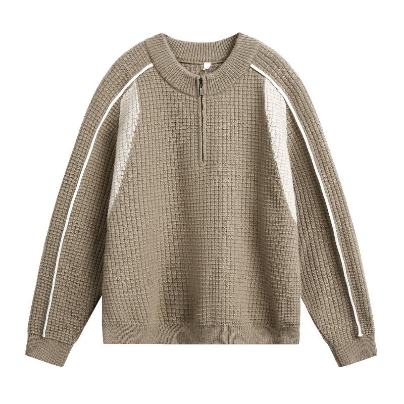 Men S Couple Color Block Half Zip Round Neck Warm Knit Sweater