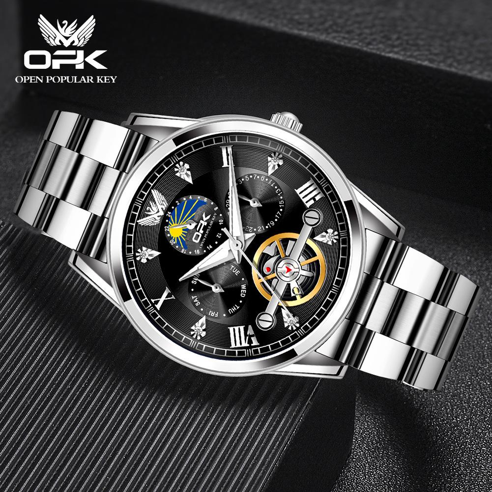 OPK Brand Watch Fake Tourbillon Steel Belt Calendar Luminous Quartz Watch Men's Watch Men's Watch