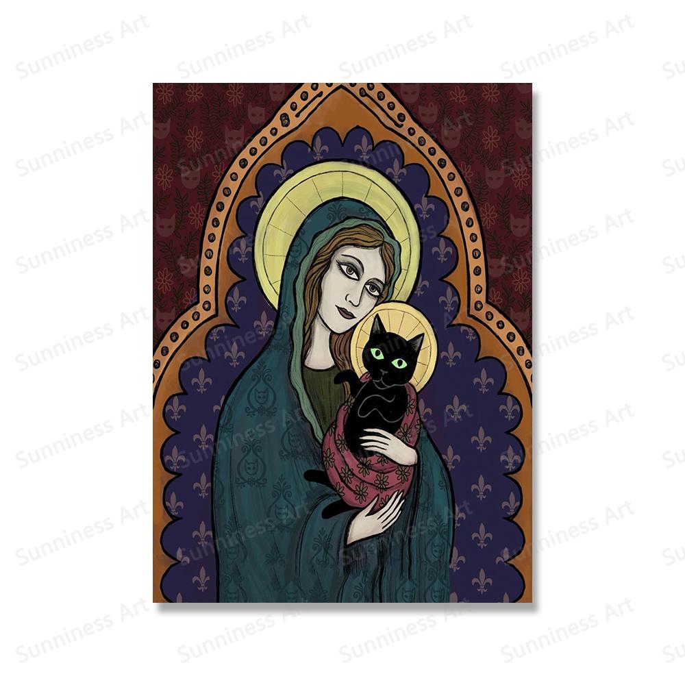 Vintage Funny Holy Mother of Cats Poster Abstract Animal Art Print Canvas Painting Witch Wall Picture for Living Room Home Decor