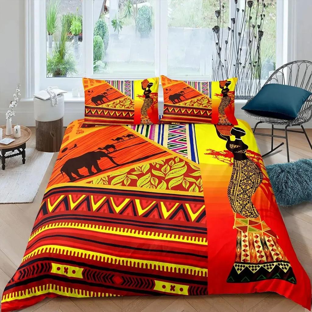 African Woman Duvet Cover Set Ethnic Afro Bedding Set African American Comforter Cover Orange Ancient Desert Bedspread