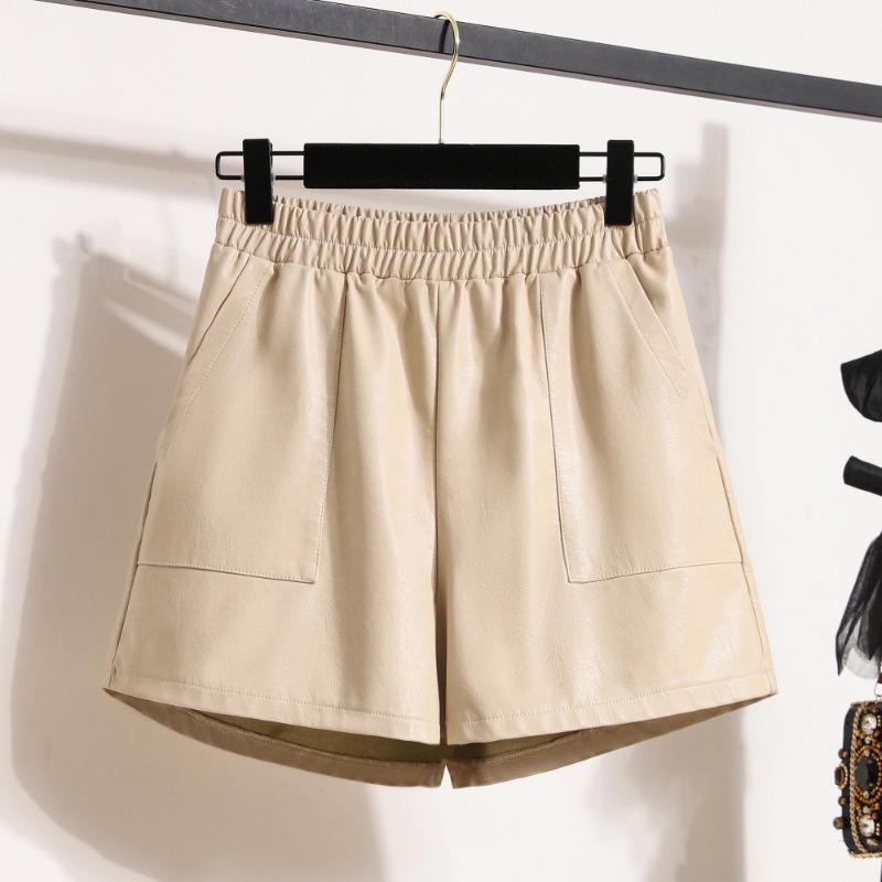 DIMANAF 2024 Übergröße Herbst Winter Shorts Damen Lässig Neu PU Leder Uni Locker Weitbein Hose Hohe Taille Kurze Hose