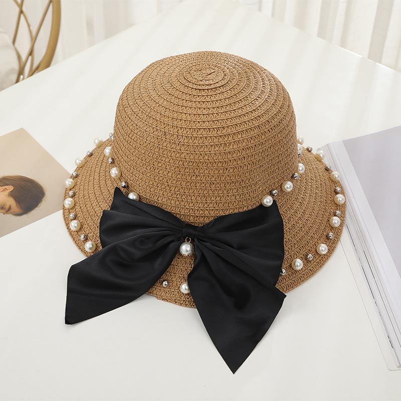 New Women's Summer UV Protection Sweet Ribbon Seaside Vacation Sunshade Bucket Hat Bow Large Brim Straw Hat