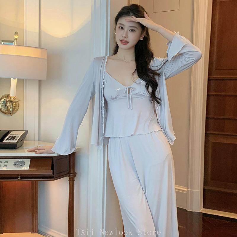 

Новая французская пижама женская весенняя хлопковая слинг сексуальная чистая ветрозащитная накладка на грудь из трех частей домашняя одежда костюм носить XL