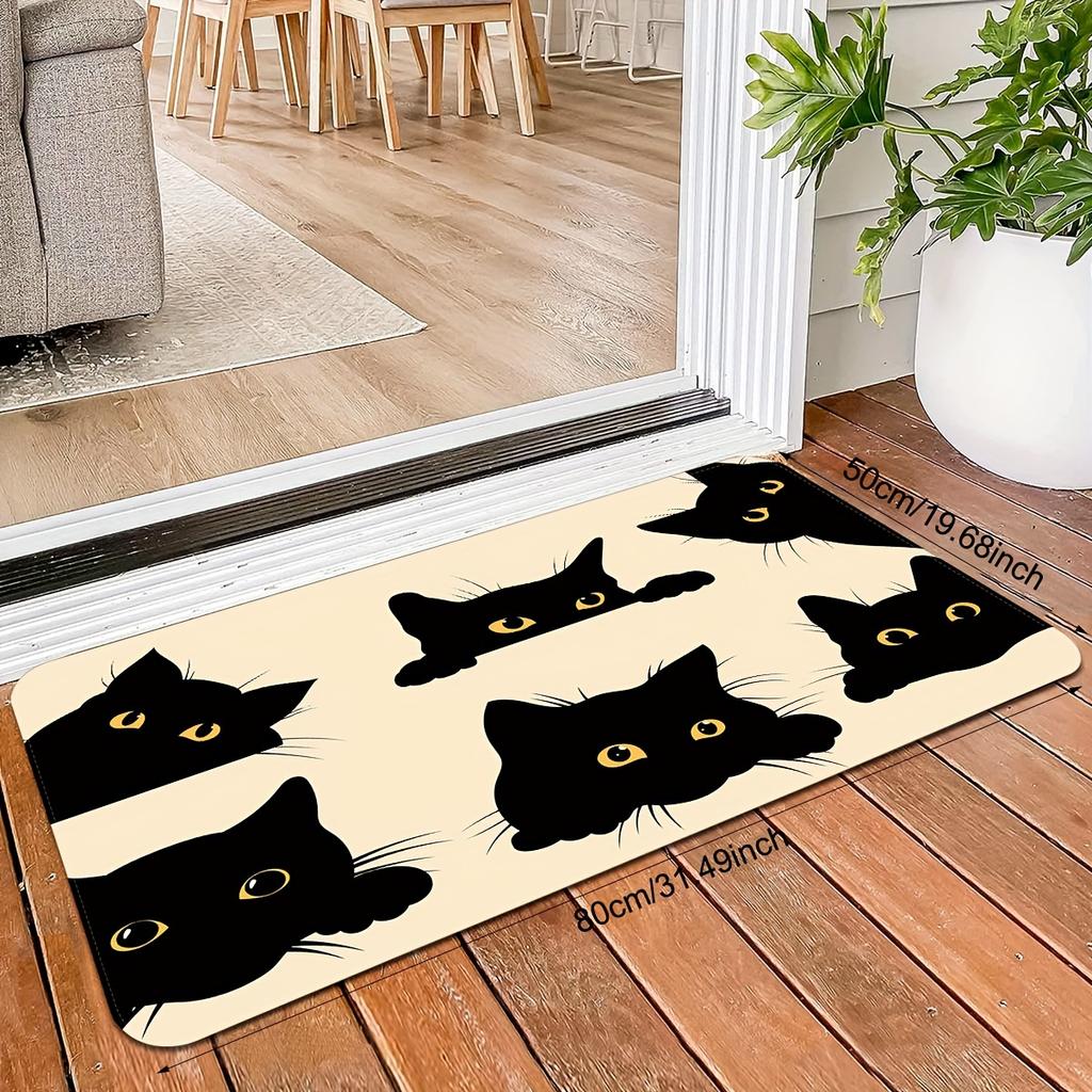 1 non-slip polyester doormat with black cats print - stain resistant, lightweight, dry cleanable for entryway, kitchen
