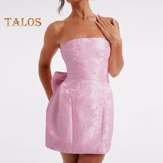 Women Evening Dress Big Bow Decor Bandeau Off Shoulder Floral Texture Sleeveless Lace-up A-line Backless Prom Cocktail Party Ball Gown Summer Mini