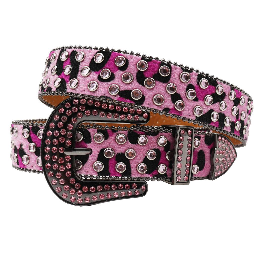 Leopard Print Rhinestone Leather Belt - Y2K Style for Women