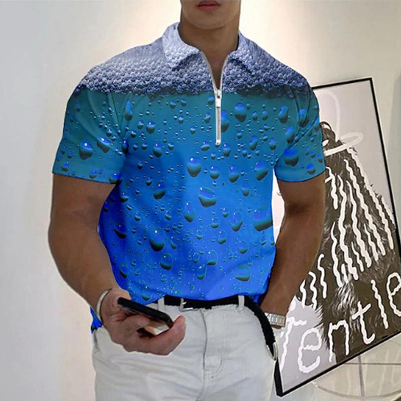 Casual Lapel T-shirt Young Men's Fashion Zipper T-shirt Short Sleeve T-shirt Men's 3D Beer Printing Print T Shirt
