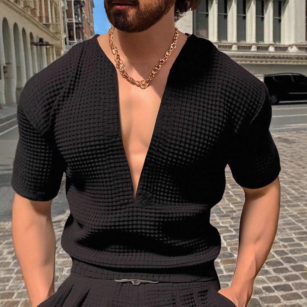 Men'S Summer Sports Fitness Casual V-Neck Stretch Solid Color Large Size Short Sleeve T-Shirt For Men