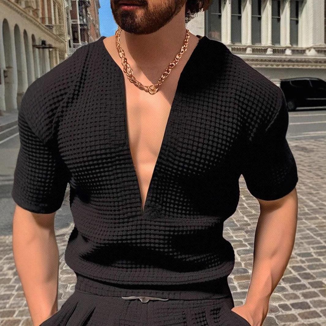 

Men S Summer Sports Fitness Casual V-Neck Stretch Solid Color Large Size Short Sleeve T-Shirt For Men S чорний