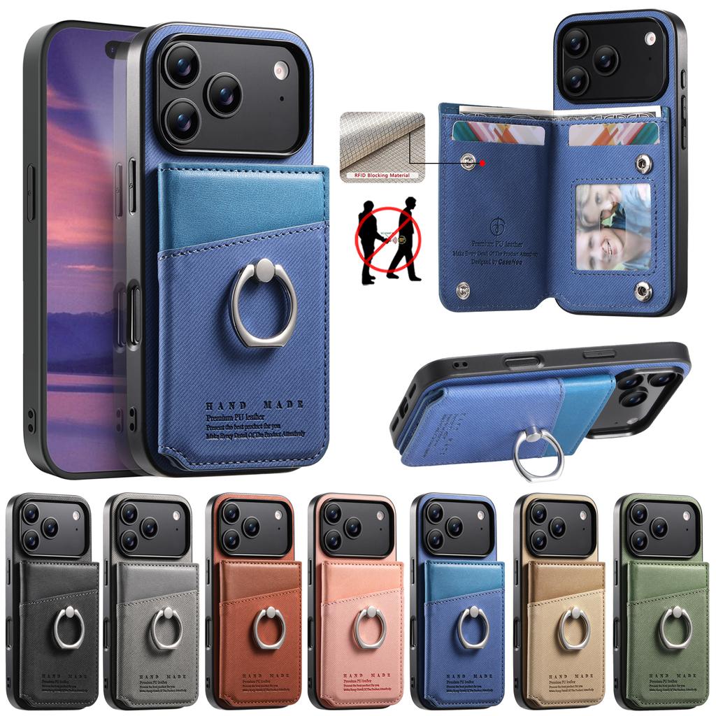 For iPhone 17 Pro Case with Card Holder Kickstand Leather + TPU + PC Phone Cover