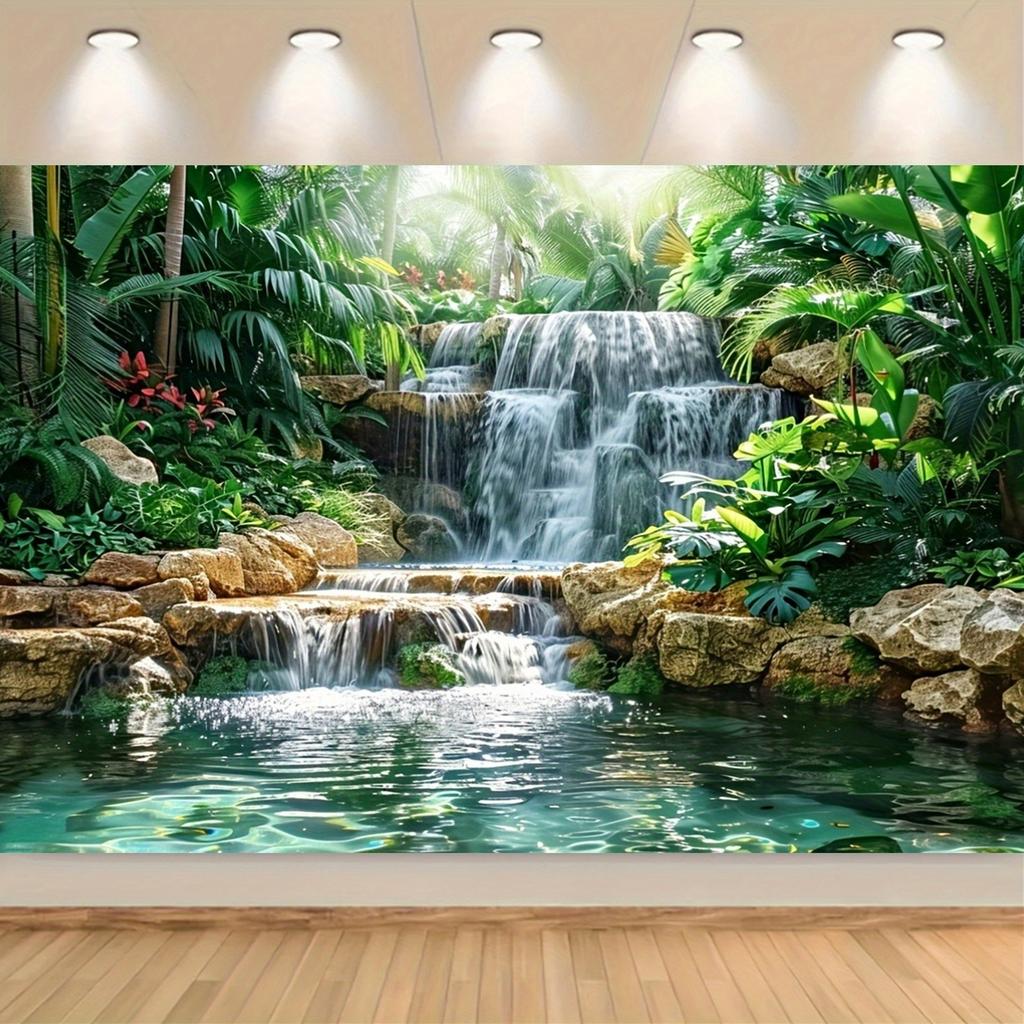 Waterfall Garden Background Polyester Banner, General Purpose and Trailing Party Wall Decoration - Forest and River Scene