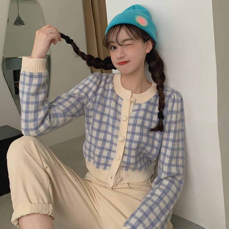 

Клетчатый кардиган с круглым вырезом, свитера для женщин, укороченный топ на пуговицах спереди, трикотаж с длинным рукавом One Size