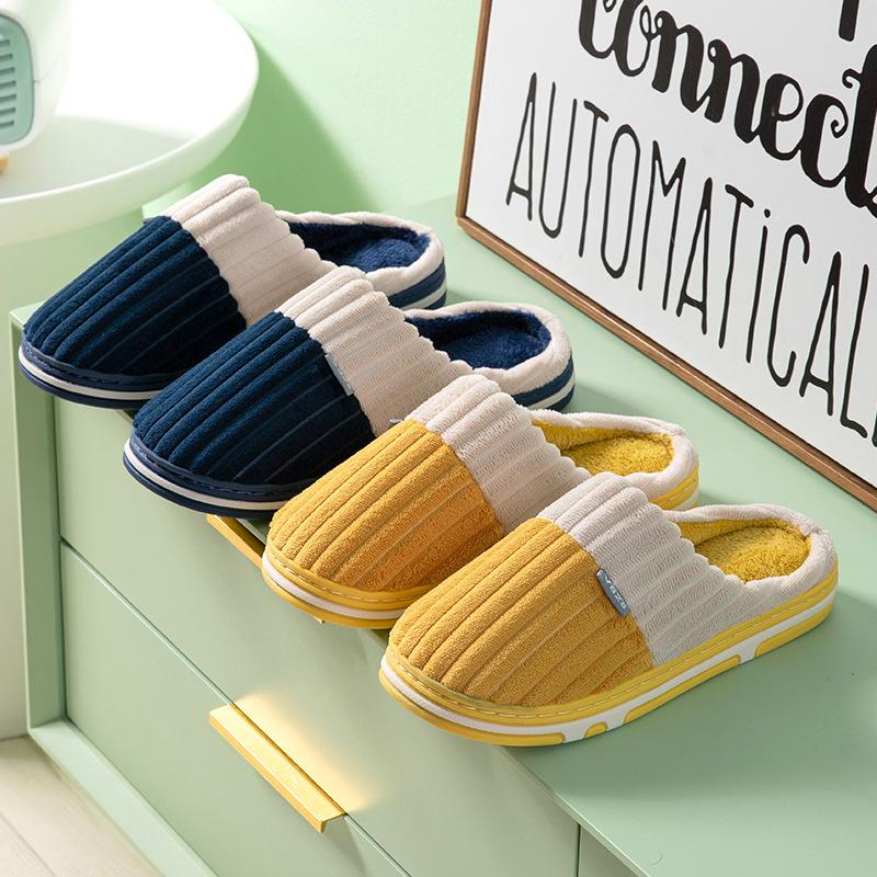 Unisex Frühling Kord Baumwoll Hausschuhe Damen Winter Heimtextilien Indoor Warme Karomuster Plüsch Hausschuhe für Paare 36-45
