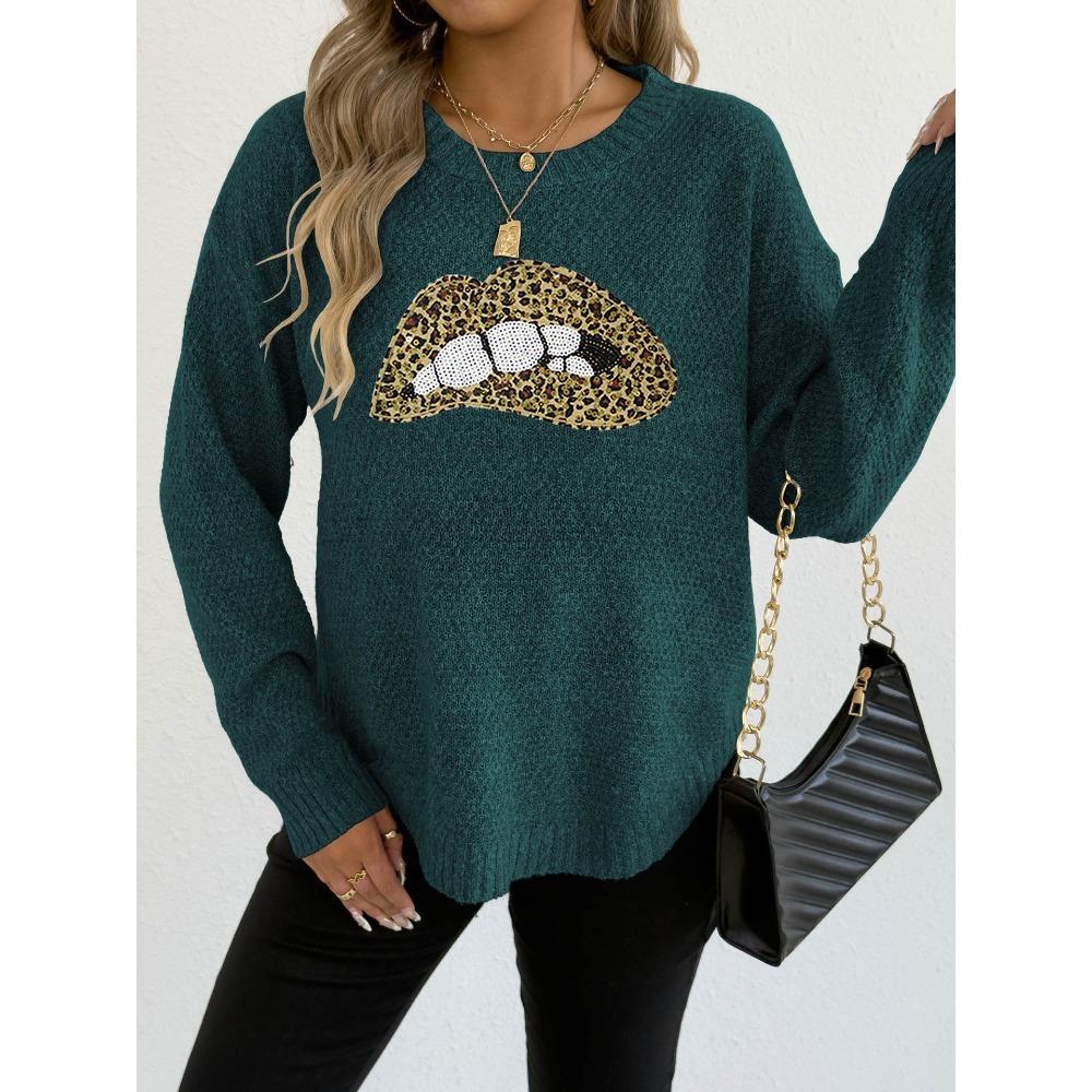 A Leopard Print Embroidered Sequined Lip Personalized Round-neck Pullover Sweater for Women