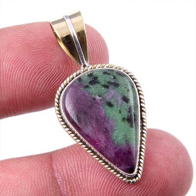 Ruby In Zoisite Lab-Created 925 Sterling Silver Gift Two Tone Pendant 1.25" K2i66
