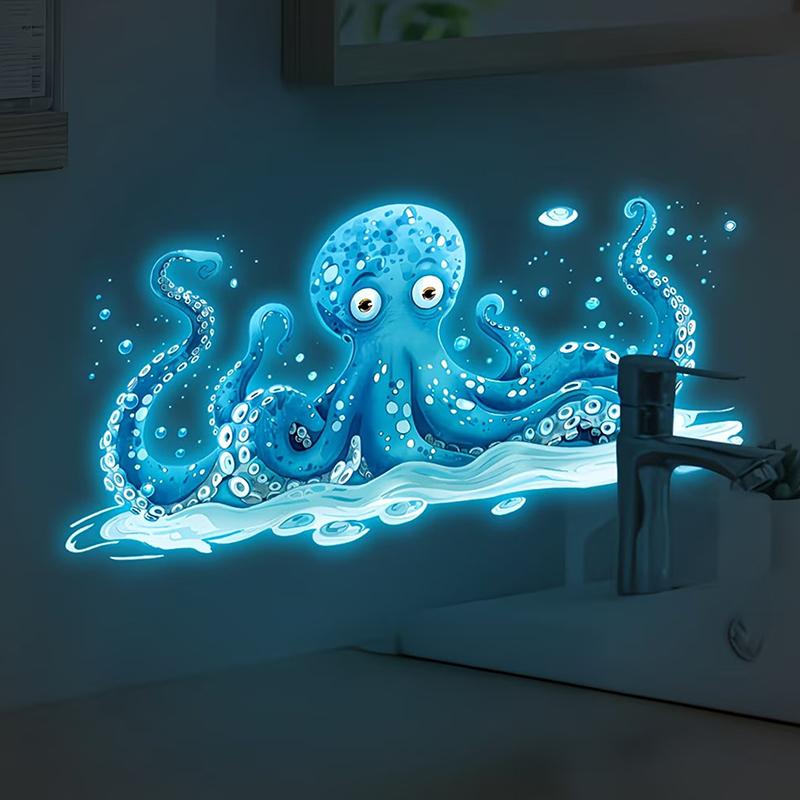 Glow-In-The-Dark Blue Octopus Sticker For Bathroom And Kitchen Sinks Self-Adhesive Removable Wall Sticker Waterproof
