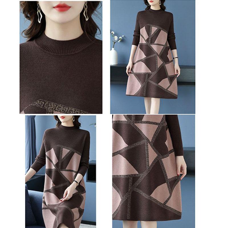 Autumn Winter Women's Plus Size Sweater Dress Loose Pullover Color-Block Knit Midi Dress Thick A-line Sweater Dress