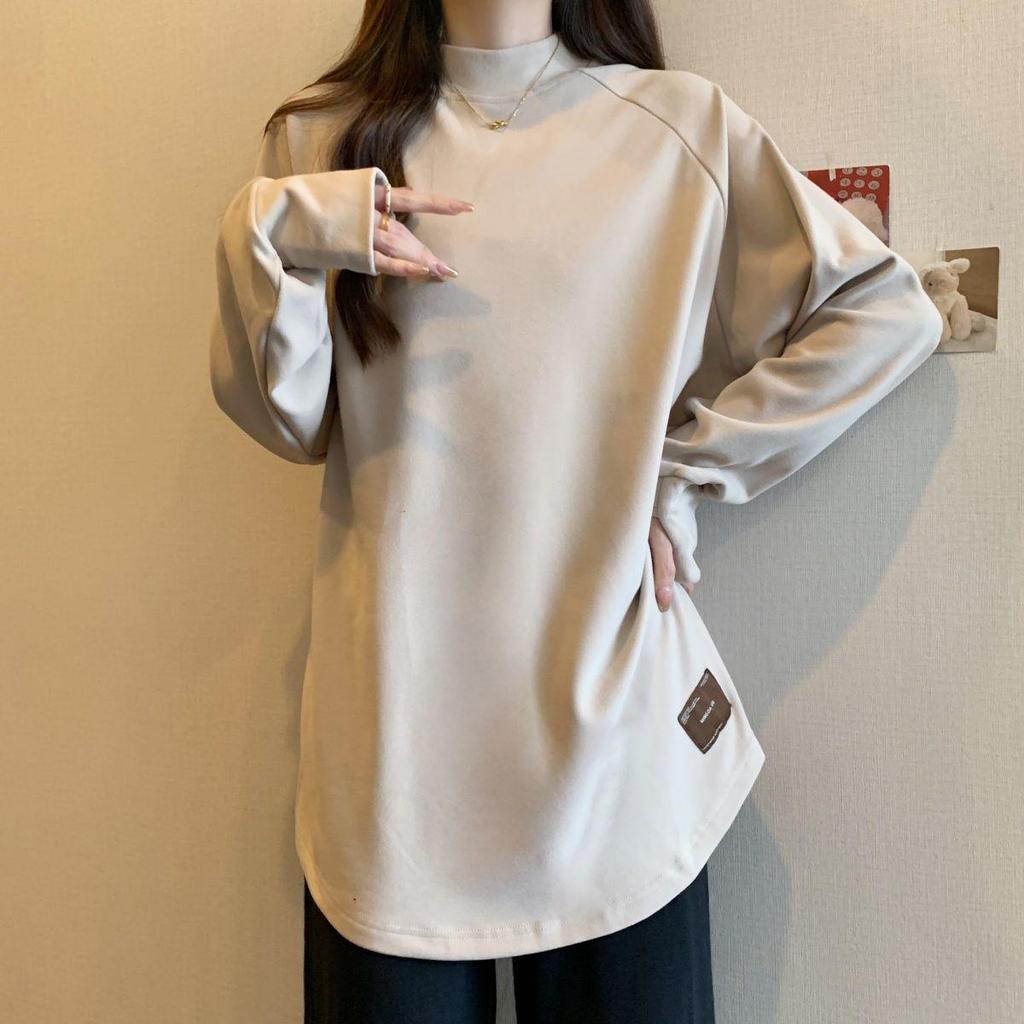 Plus Size Velvet Half-High Collar Slimming Base Layer Top for Women - New Autumn/Winter Warm Long Sleeve Top