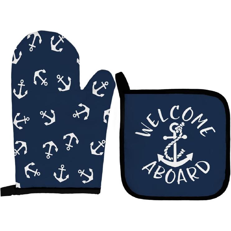 Navy Blue Nautical Anchors Boat Oven Mitts and Pot Holders Sets, Lake Beach House Gifts Oven Mitts, Welcome Aboard Navy Blue Over Mittens for Kitchen