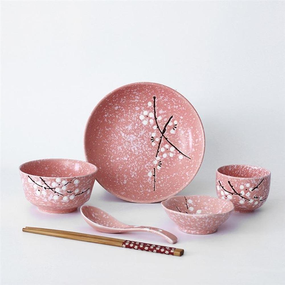 Set da 6 Pezzi Ciotole per Riso Giapponesi, Bacchette, Cucchiaio, Stoviglie in Ceramica per la Casa, Piatto Singolo per Cibo