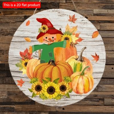 2d Flat 20*20cm, Home Decoration, with Pumpkin Sunflower and Scarecrow, Wooden Circular Logo, for Home, Cafe, Garden, Bar, Office Wall Decor.