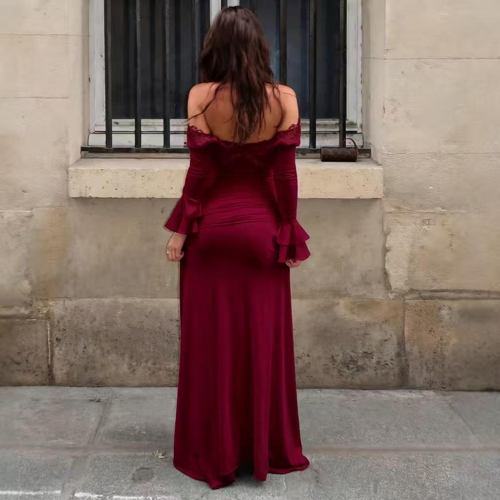 2026 Spring Elegant Slim Fit Women's Long Dress with Sexy Lace Patchwork and European-American Design
