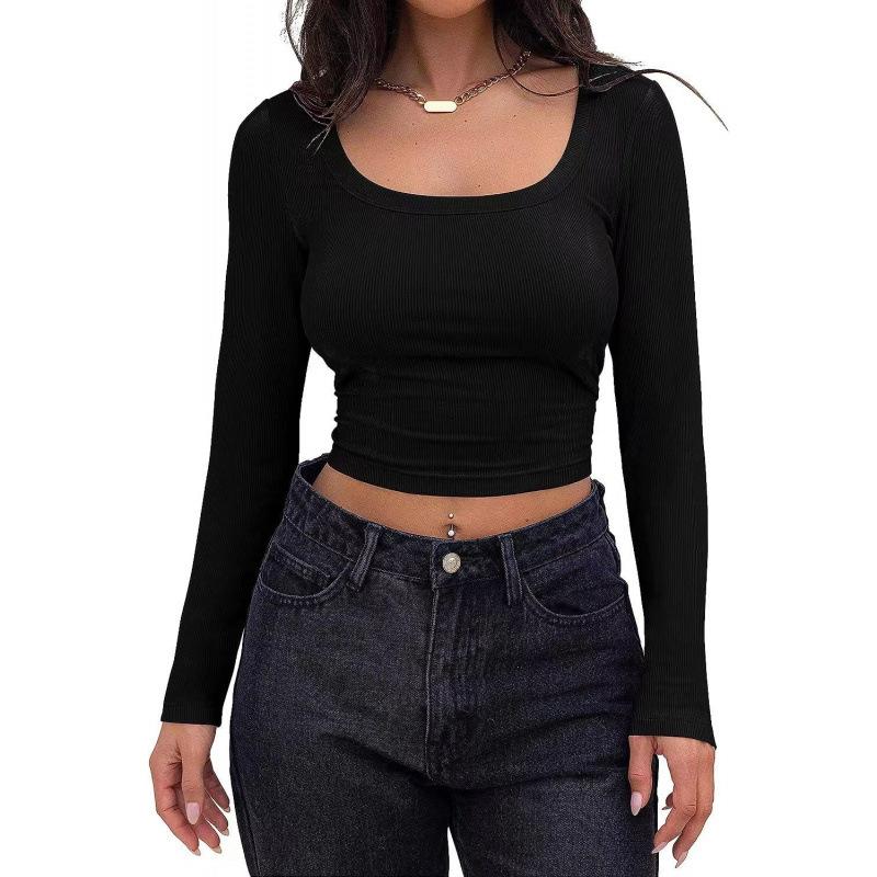Spring women's tops slim fit short long sleeve square neck T-shirt for hot girls casual and versatile