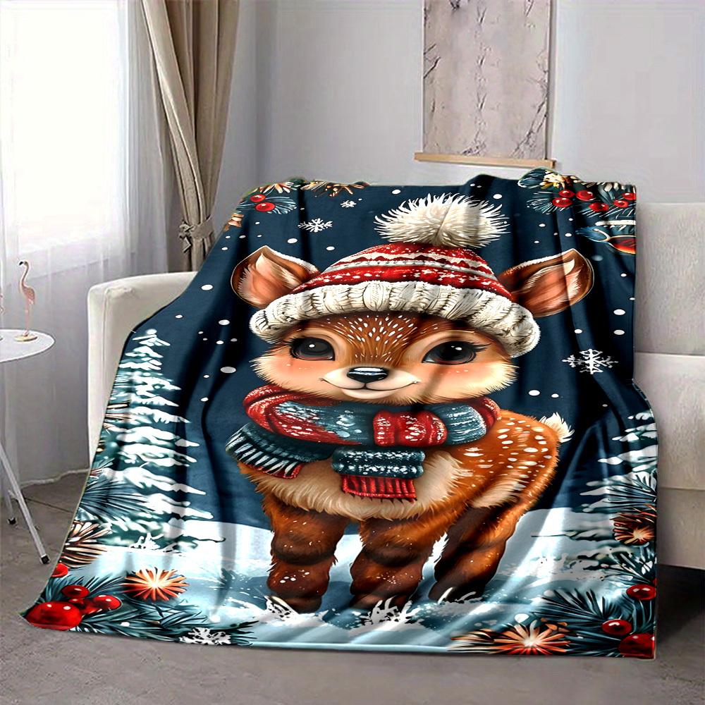 1pc Winter Christmas Deer Blanket, Lightweight Flannel Throw Blanket for Sofa, Bed, Travel, Camping, Living Room, Office, Couch012