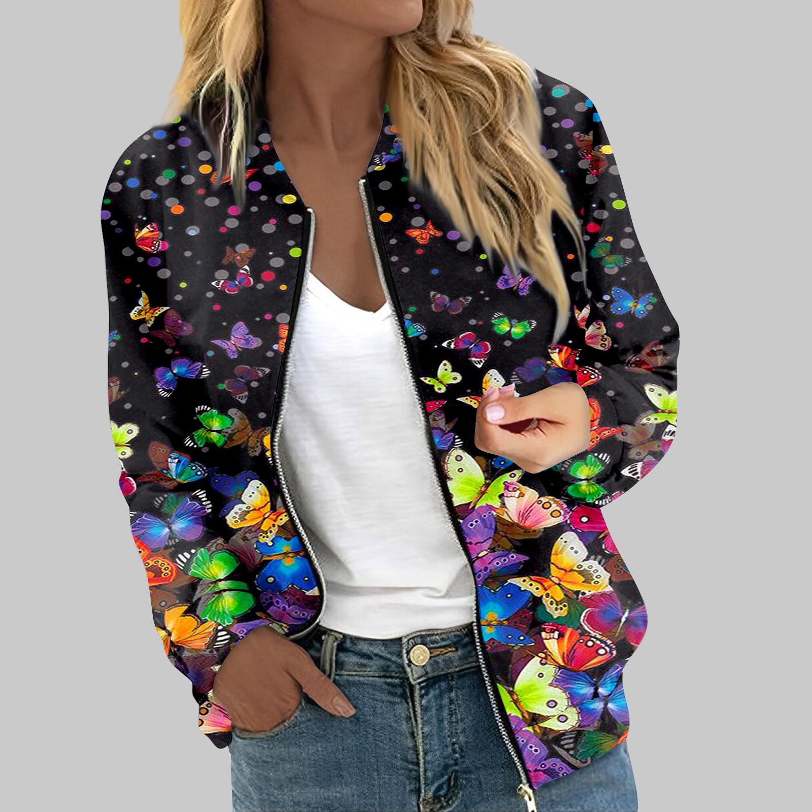 

Женская верхняя одежда с длинным рукавом и принтом, повседневные топы на молнии, кардиган, рубашка, тонкая куртка для женщин S чёрный