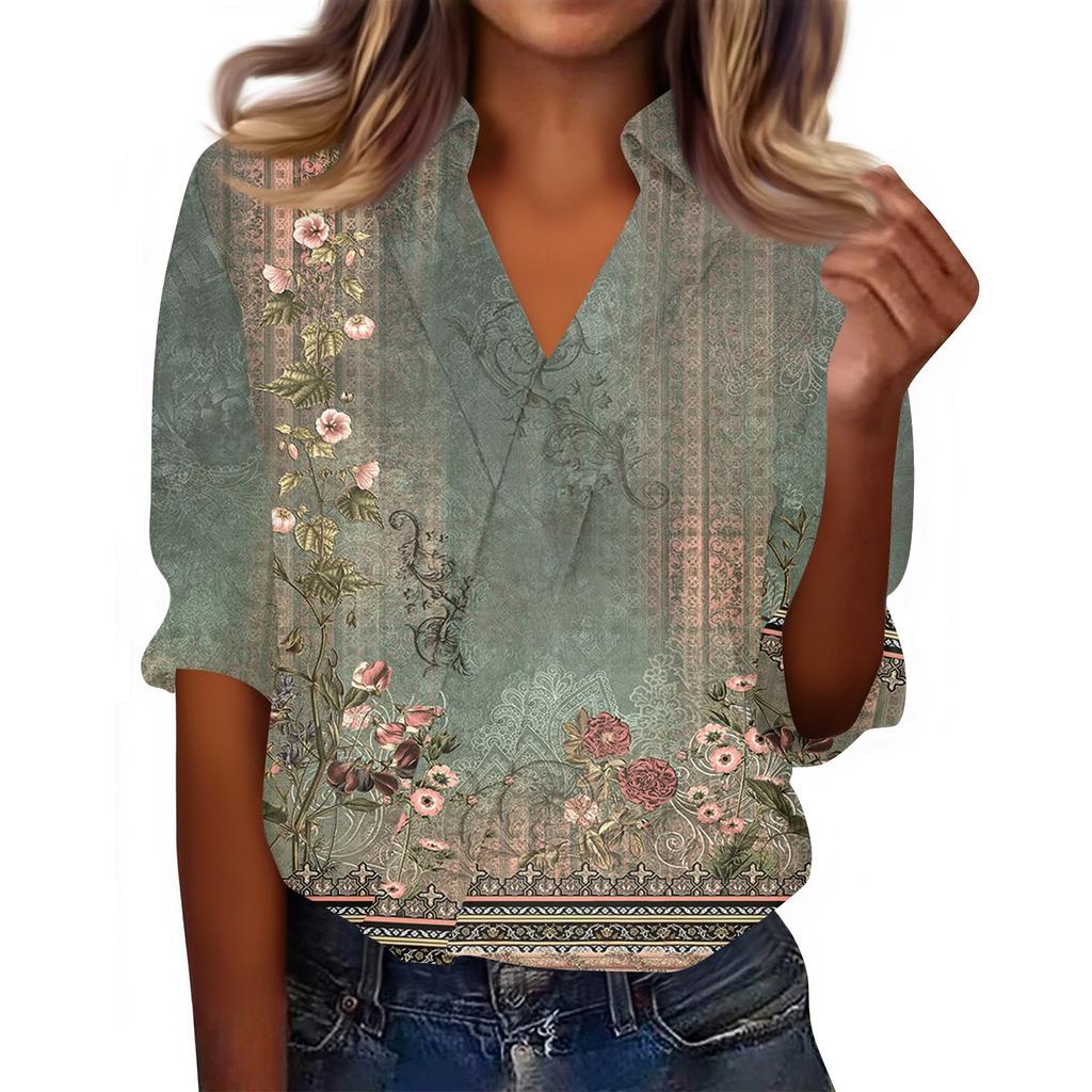 3/4-Ärmel Damenoberteile V-Ausschnitt Shirts Trendy Bedruckte Business Casual Arbeitsblusen