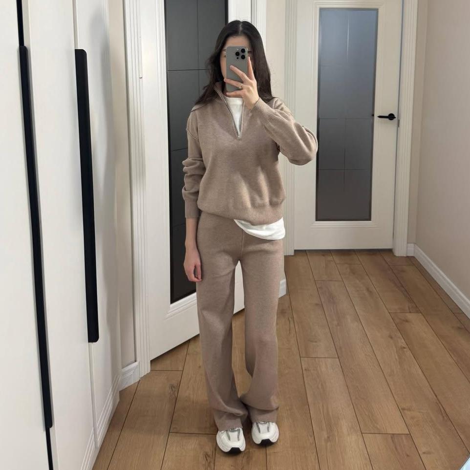 American women s clothing, fashion 2025 autumn new semi-open neck knitted long-sleeved sweater top wide-leg pants XS хаки
