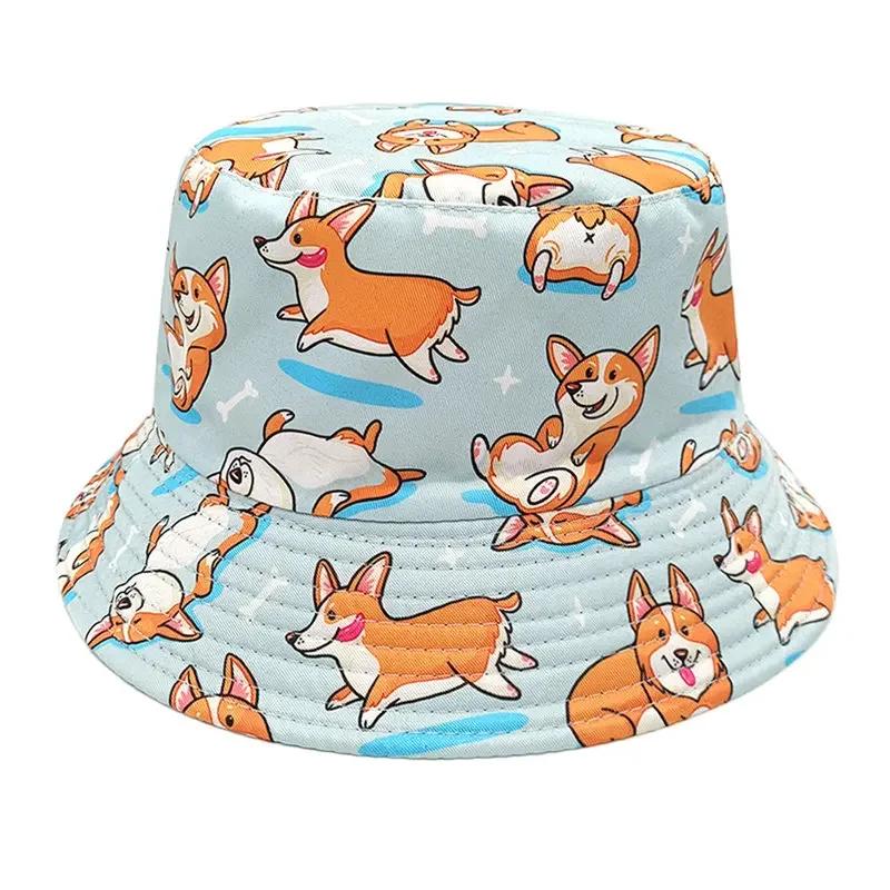 Frühling und Sommer Polyester Cartoon Hund Druck Eimerhut Fischerhut Outdoor Reise Sonnenschutzmütze für Männer und Frauen 207