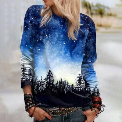 Top autunnali da donna T-shirt a maniche lunghe causale con stampa gatto allentato bellissima foresta