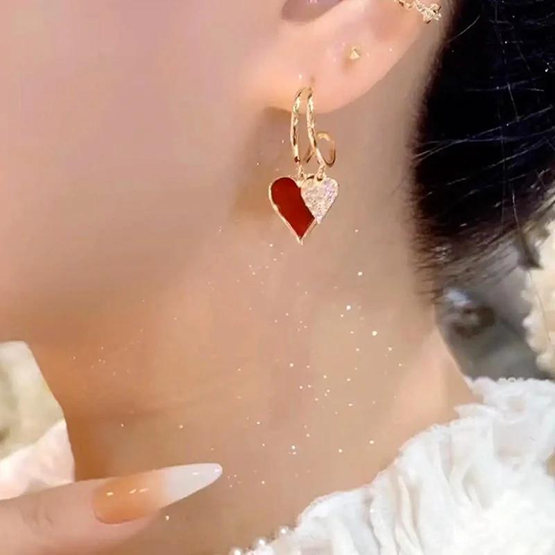 Retro Oil Dripping Rhinestone Double Heart-shaped Pendant Stud Earrings for Women Fashion Temperament Girls Jewelry